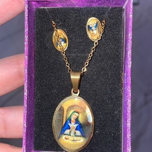 Virgin Mary necklace with matching earrings
